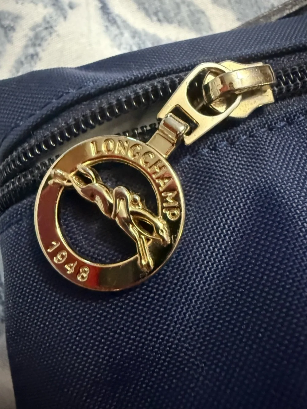 Longchamp Navy Canvas Pouch with Brown Leather Patch
